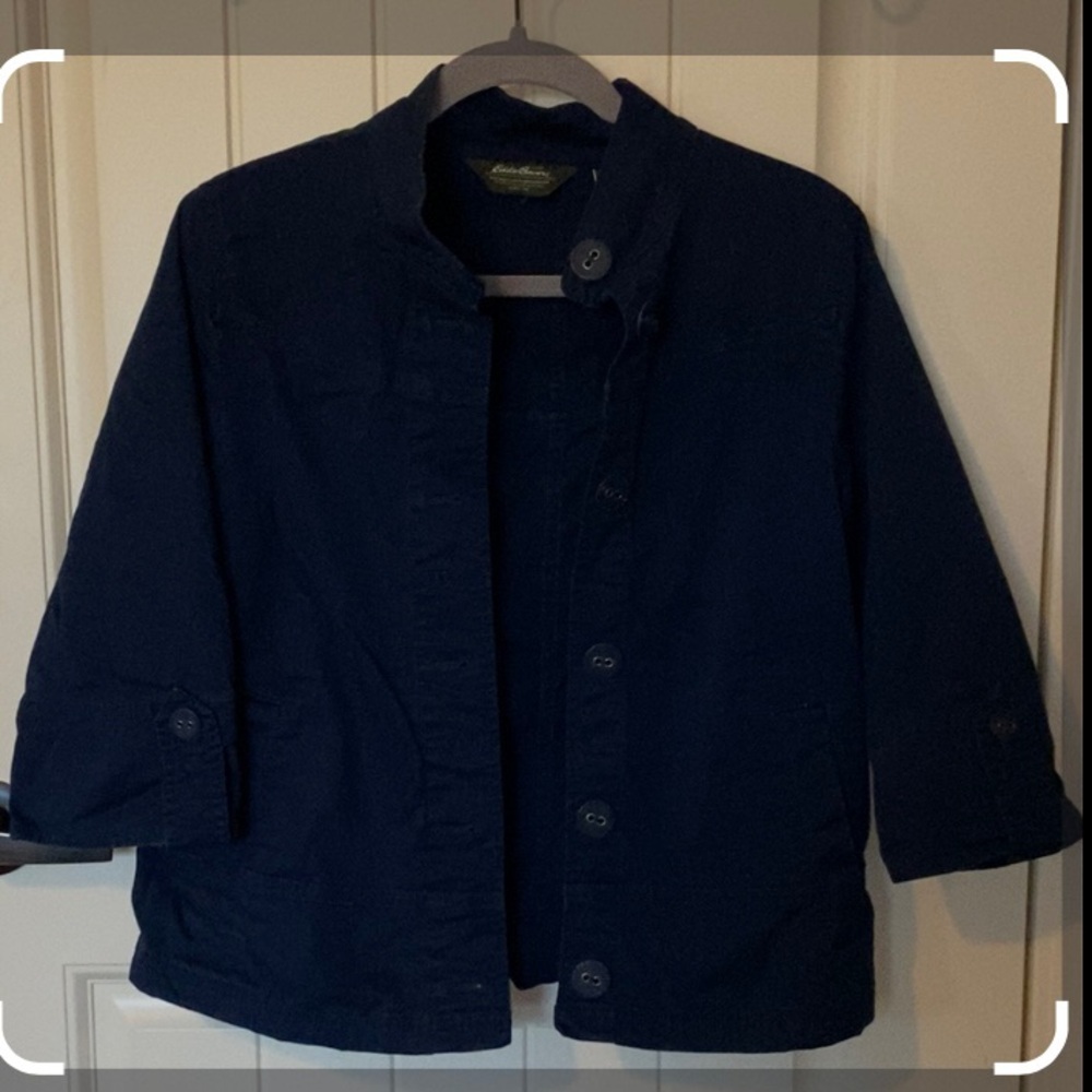 Eddie Bauer women's navy blue button-up jacket, lightweight style